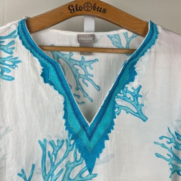 Chico's Coral Shades Beach Coverup Poncho Top Womens Size S/M Teal‎ White - Picture 4 of 6